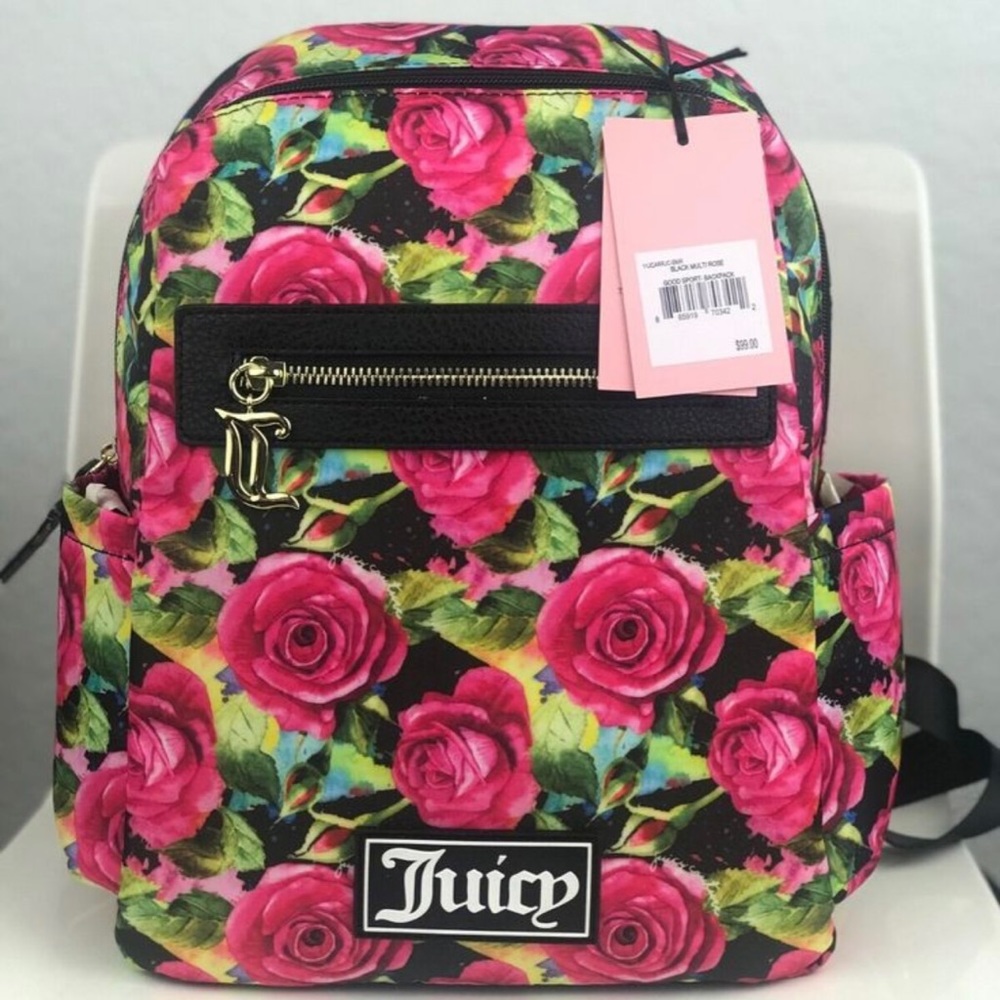 Juicy Couture Black Multi Rose Good Sport Backpack NWT